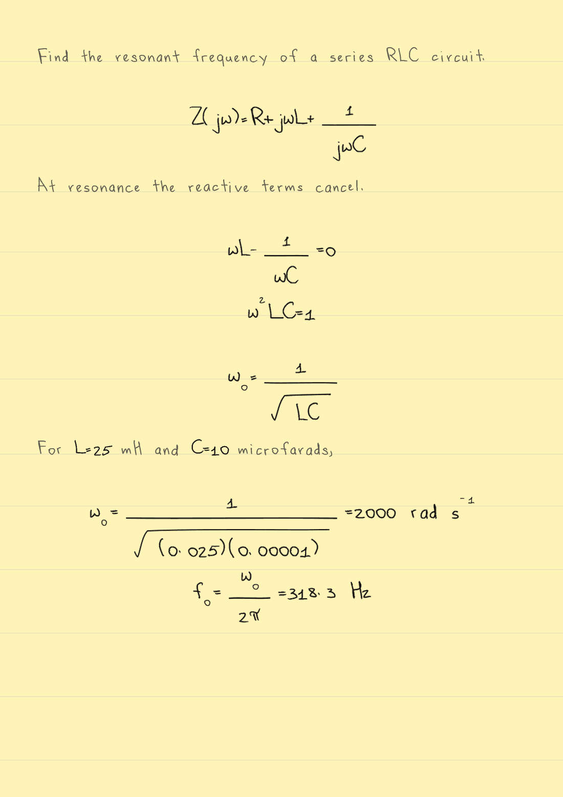 Series RLC resonance calculation rendered by Wrytely on engineering paper
