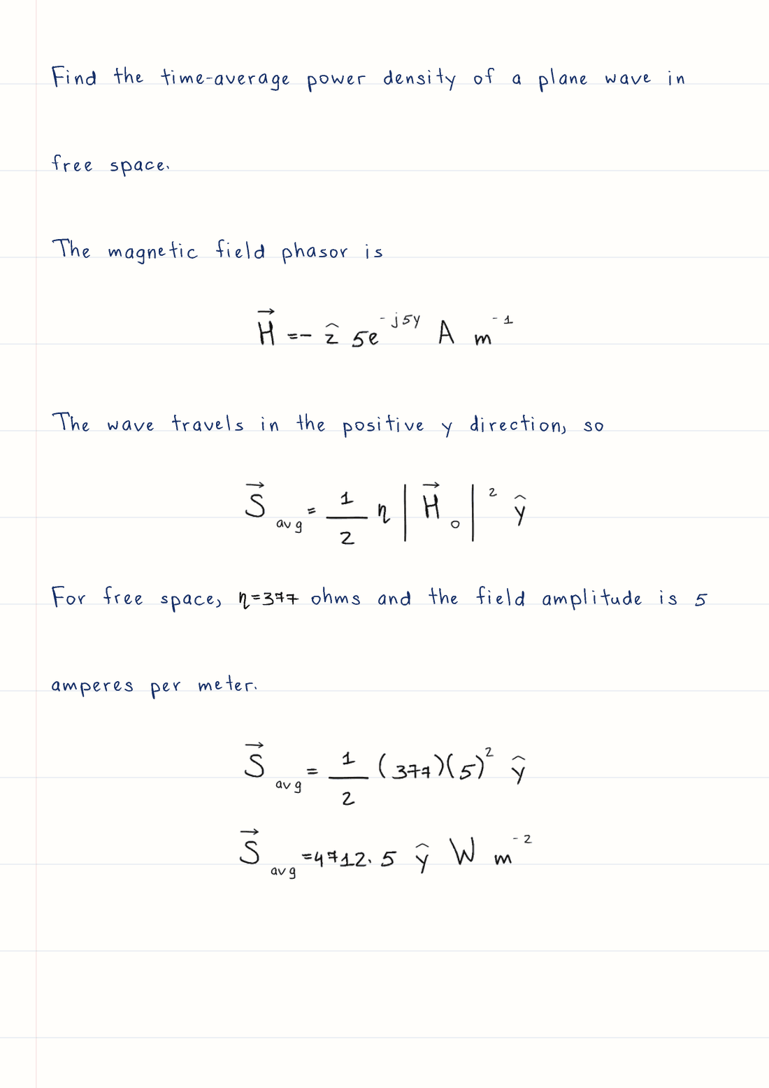 Electromagnetic plane-wave power calculation rendered by Wrytely on ruled paper