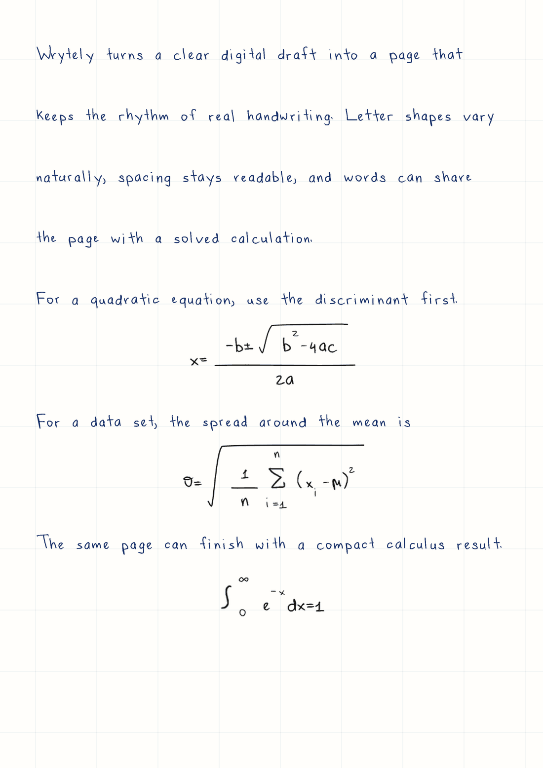 Real Wrytely output showing handwritten text and three complex equations on graph paper