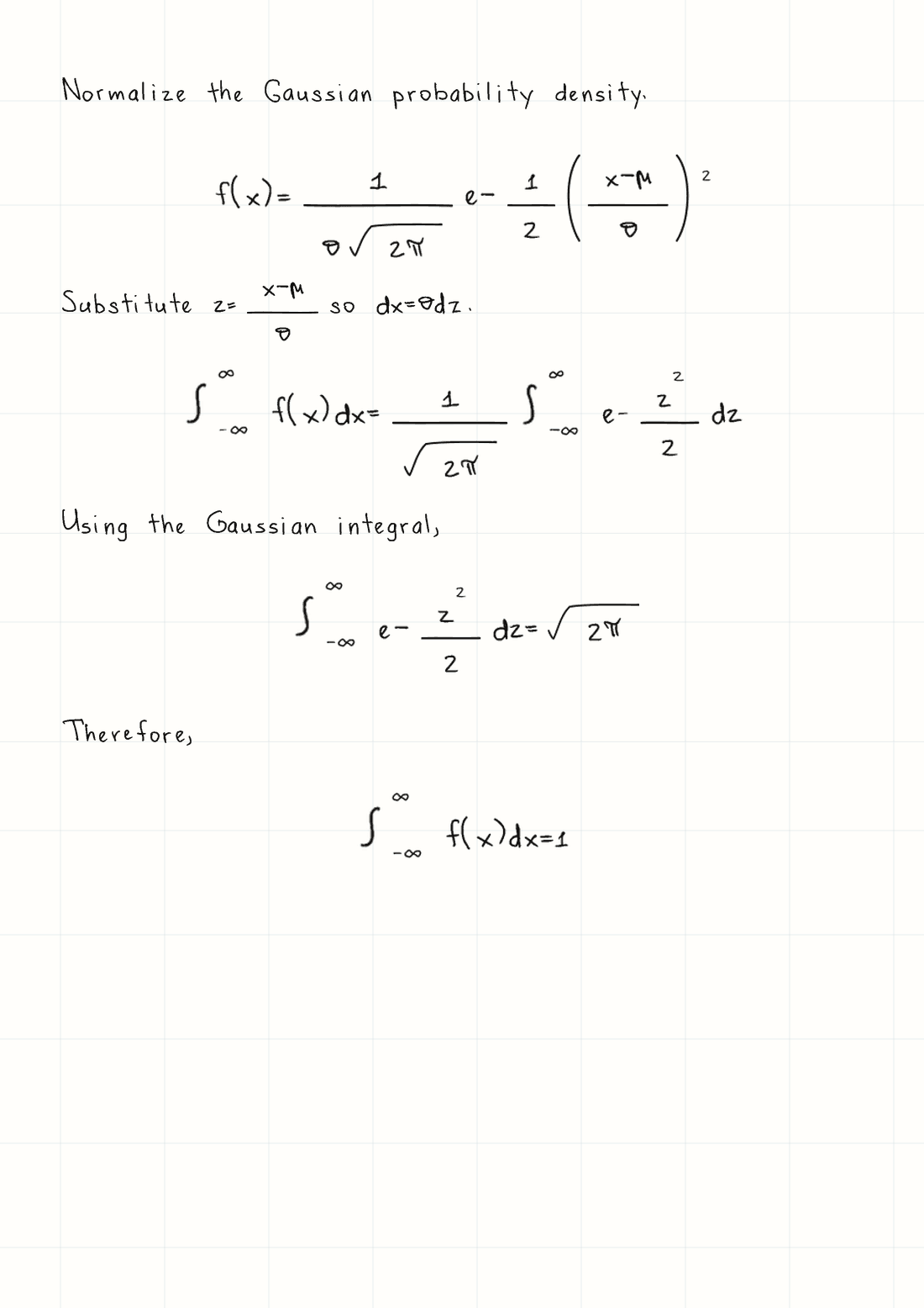 Gaussian normalization derivation with integrals and roots rendered by Wrytely