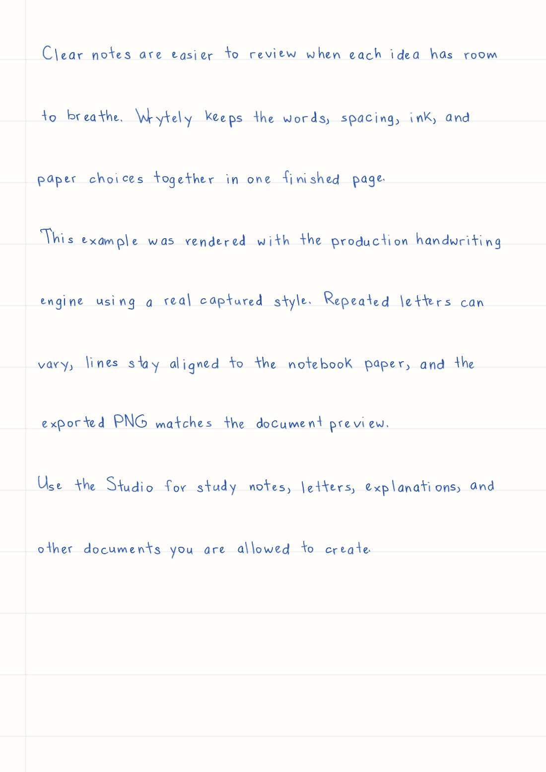 A real Wrytely handwritten notes page rendered on ruled paper in blue ink
