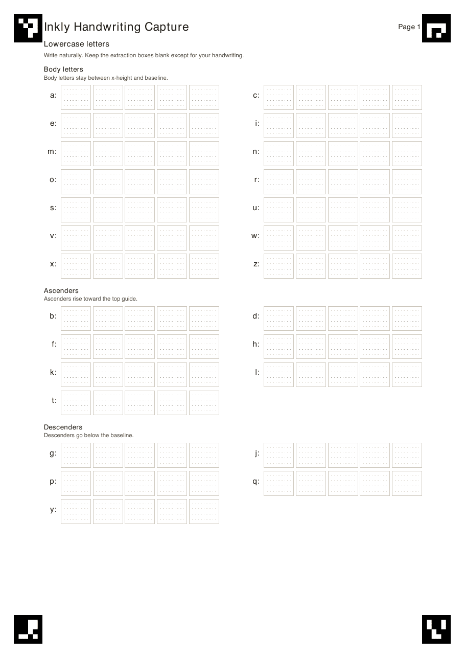 Wrytely lowercase handwriting template with guided boxes for repeated letter samples