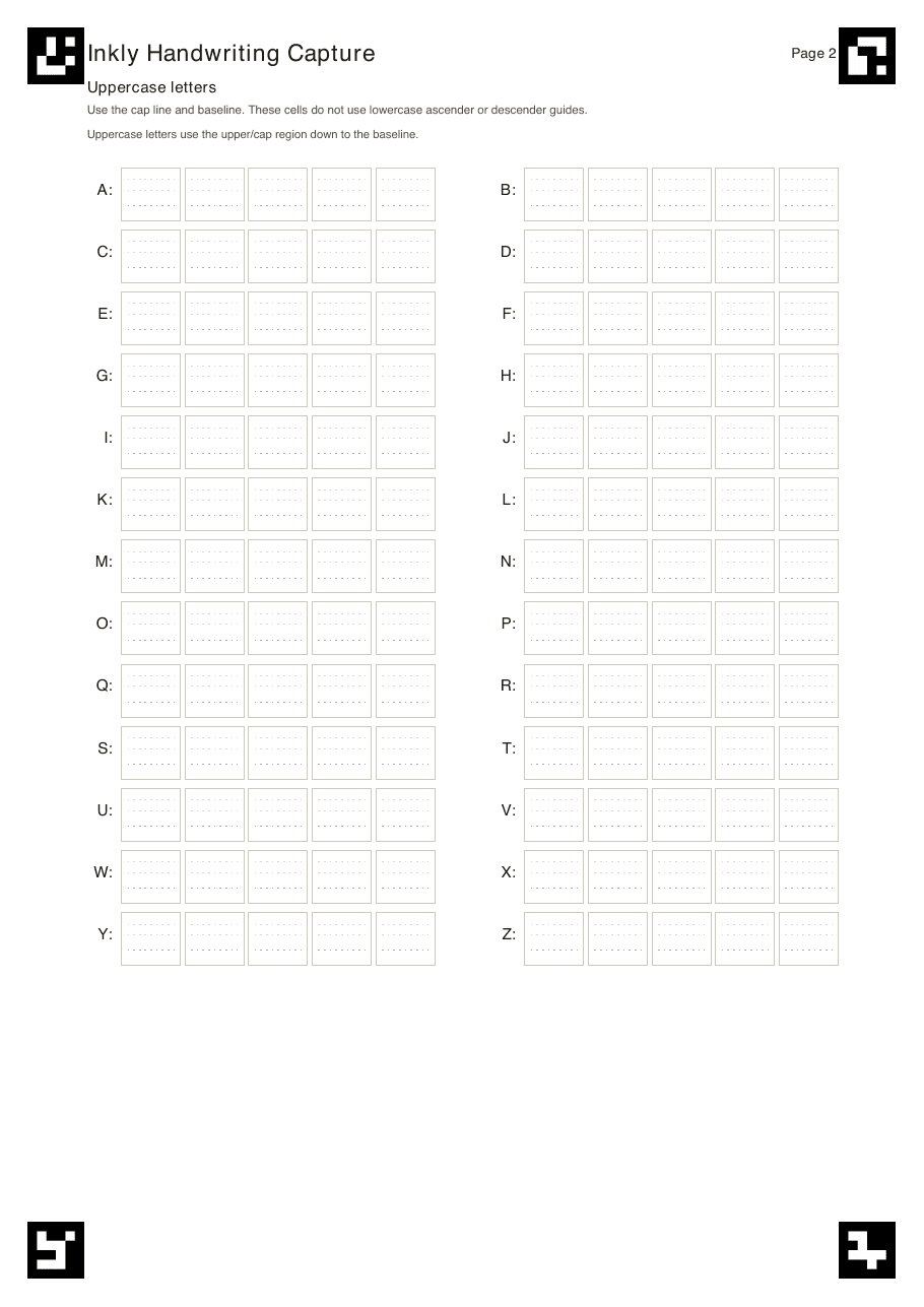 Page 2 of the Wrytely template for uppercase handwriting samples