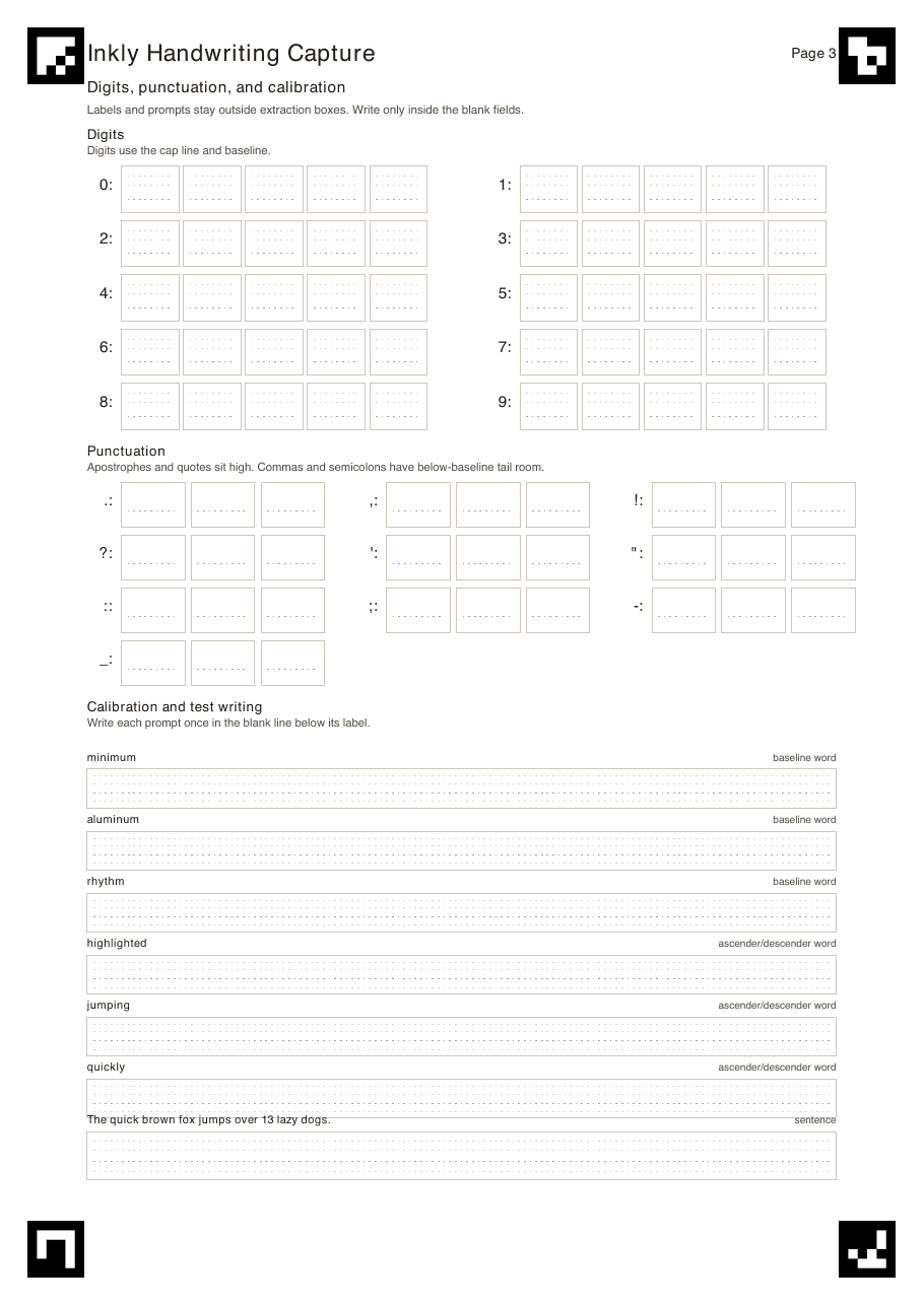 Page 3 of the Wrytely template for numbers and punctuation